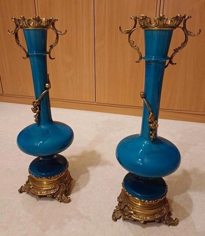 Turquoise opaline vazen / lampen met bronzen voet, Antiek en Kunst, Ophalen of Verzenden