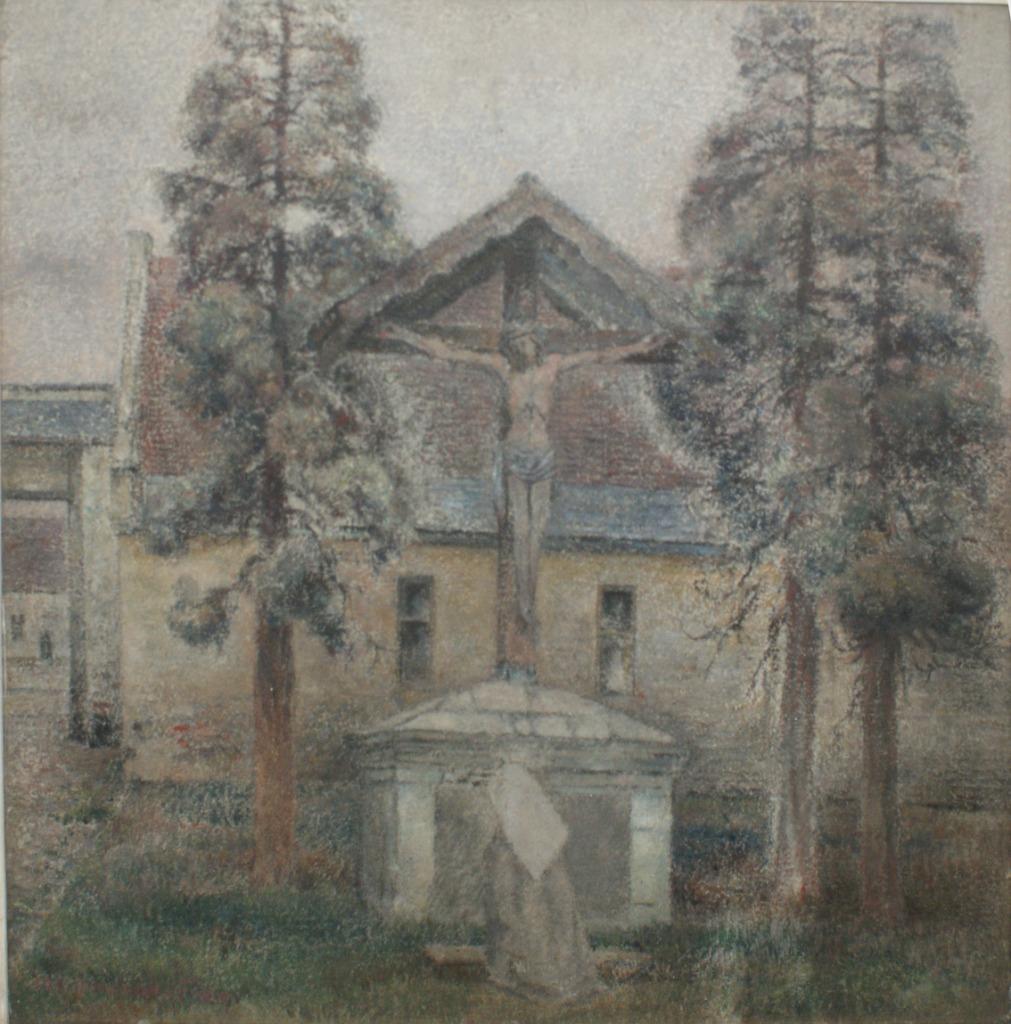 Pierre Van Humbeeck (1891-1964): Biddend bij het Kruis 65x66, Ophalen of Verzenden