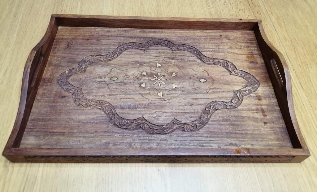 Vintage plateau en bois sculpté, Ophalen of Verzenden, Gebruikt, Rechthoekig, Hout