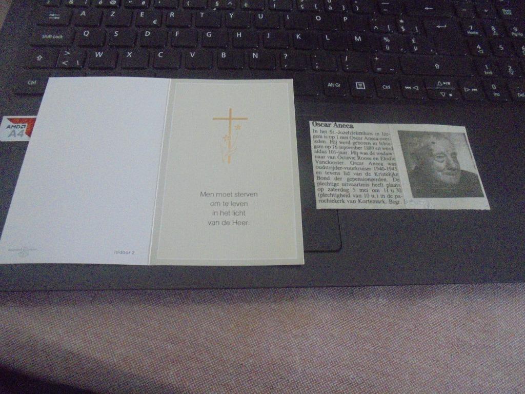 dp Oscar Aneca - 100 jarige, Verzamelen, Bidprentjes en Rouwkaarten, Ophalen of Verzenden, Bidprentje