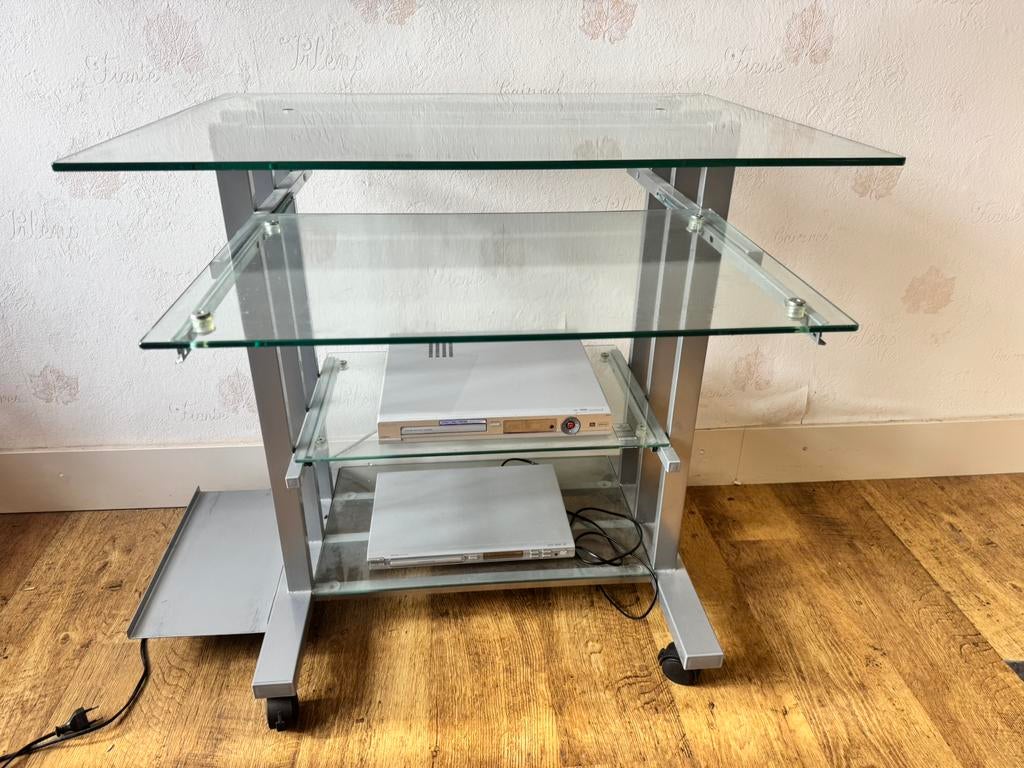 Glazen TV-meubel / hifi-kast op wieltjes – stevig & stijlvol, Ophalen, Gebruikt, Glas
