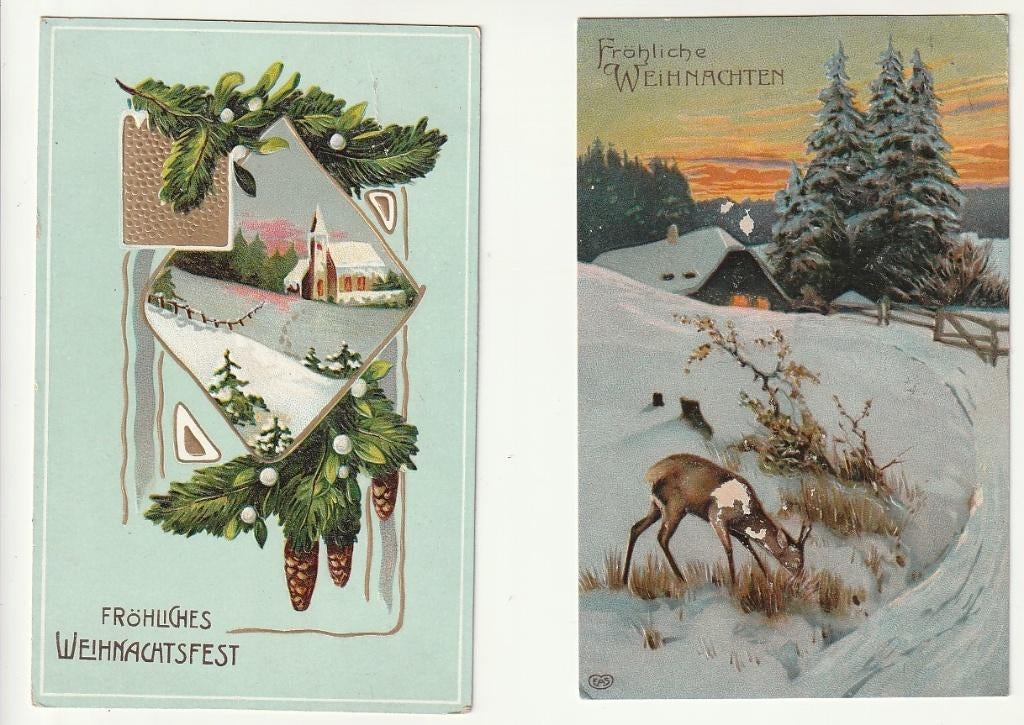 Lot 2 cartes de  Noël Froliches Weinachtsfest Relief, Envoi, Affranchie, (Jour de) Fête