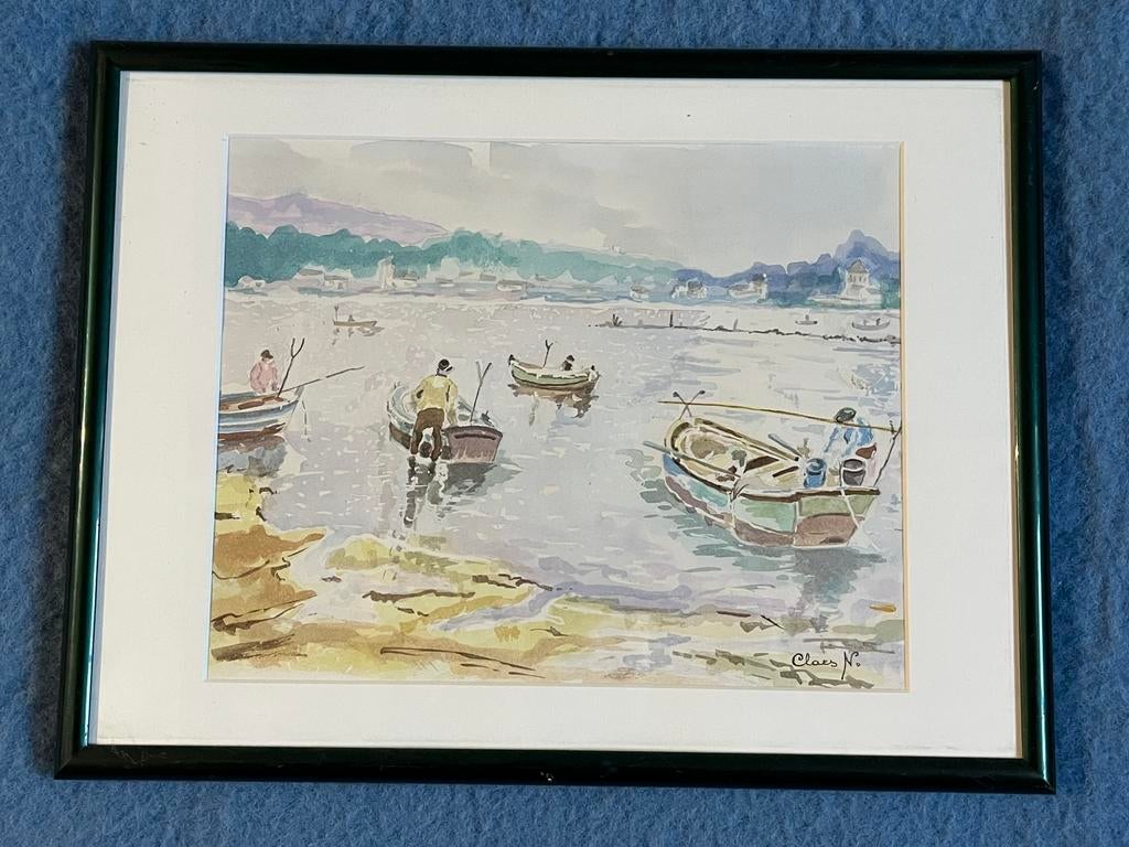 Aquarel gesigneerd Claes - terugkeer van de visserij - boten, Ophalen of Verzenden