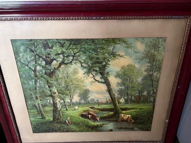 Schilderijtje koeien in een beek, Antiek en Kunst, Ophalen