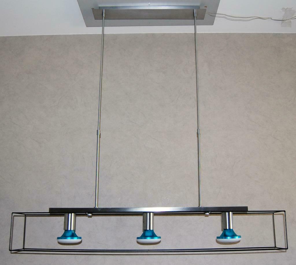 Suspension - lustre LEDs A+  inox 3 ampoules décor bleu, Enlèvement ou Envoi, Comme neuf, Verre, Design