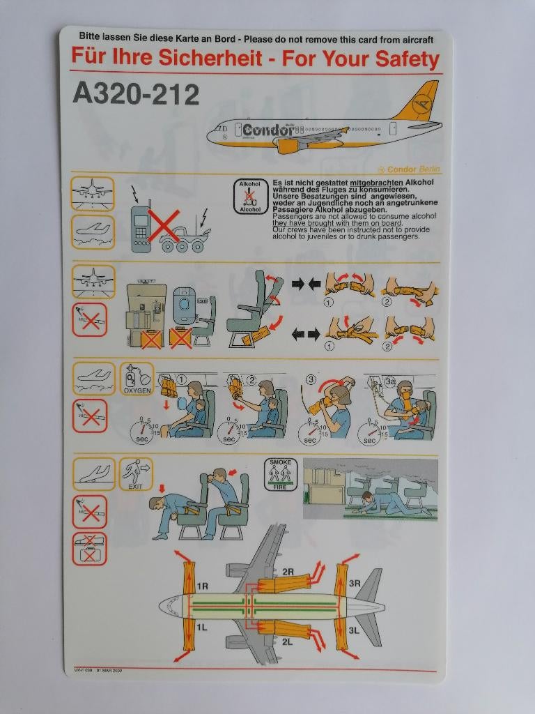 Carte de sécurité Condor Berlin Airbus A320-212, Enlèvement ou Envoi, Neuf, Carte, Photo ou Gravure