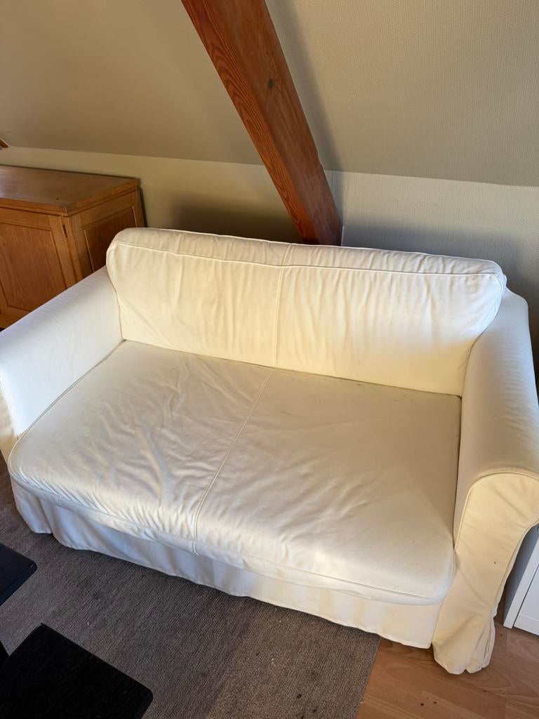 Zetel 2 personen in witte stof, kan gebruikt worden als bed, Huis en Inrichting, Ophalen, Gebruikt, 150 tot 200 cm, Tweepersoons