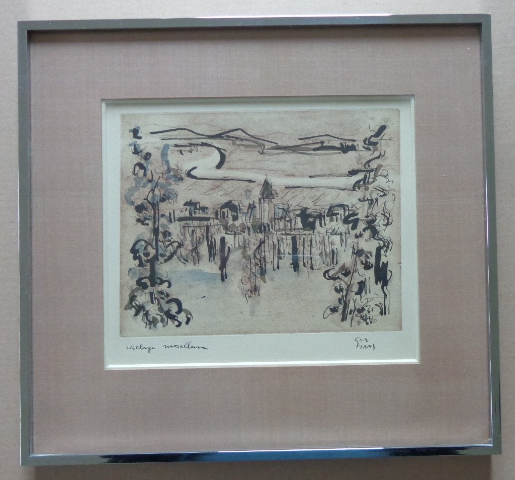 GER MAAS /VILLAGE MOSSELAN / ETS + AQUAREL / 39x41cm / KADER, Antiquités & Art, Numéroté, Enlèvement ou Envoi, Paysages, Eau-forte