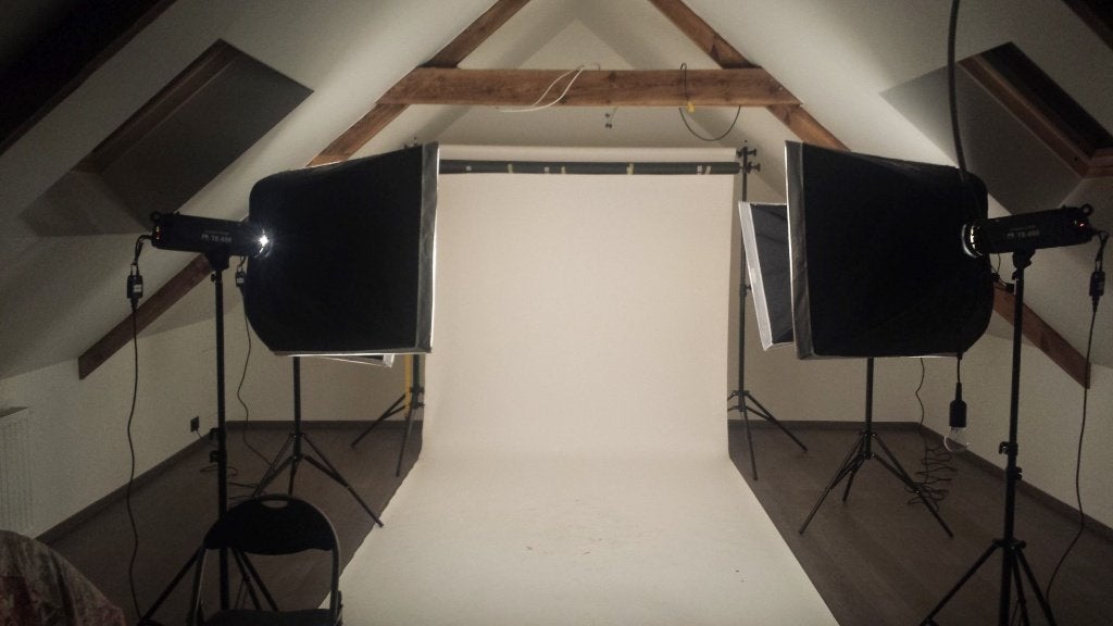 Fotostudio compleet achtergrond 4x flitslamp softbox, Ophalen, Gebruikt, Falcon Eyes, Complete fotostudio