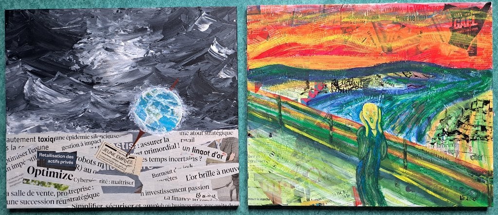 Duo peintures collage et acrylique 'le monde va mal', Antiquités & Art, Abstrait, Bois, Enlèvement, Signé