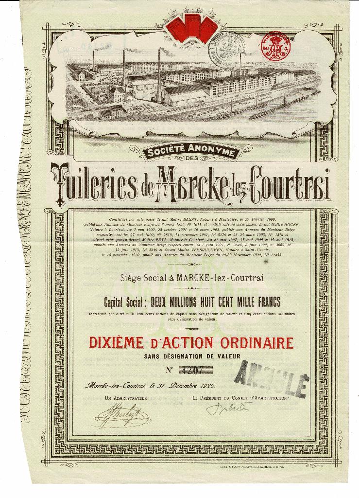 Tuileries de Marcke les Courtrai - 1920 - 10e action, Timbres & Monnaies, Actions & Titres, Envoi, 1920 à 1950, Action