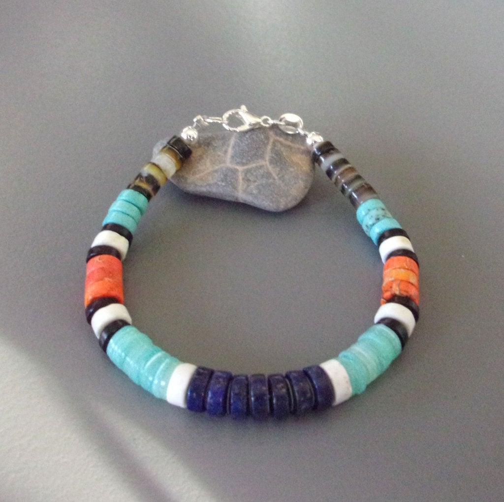 Bracelet Navajo homme ou femme turquoises, lapis et argent, Neuf, Enlèvement ou Envoi, Avec pierre précieuse, Bleu