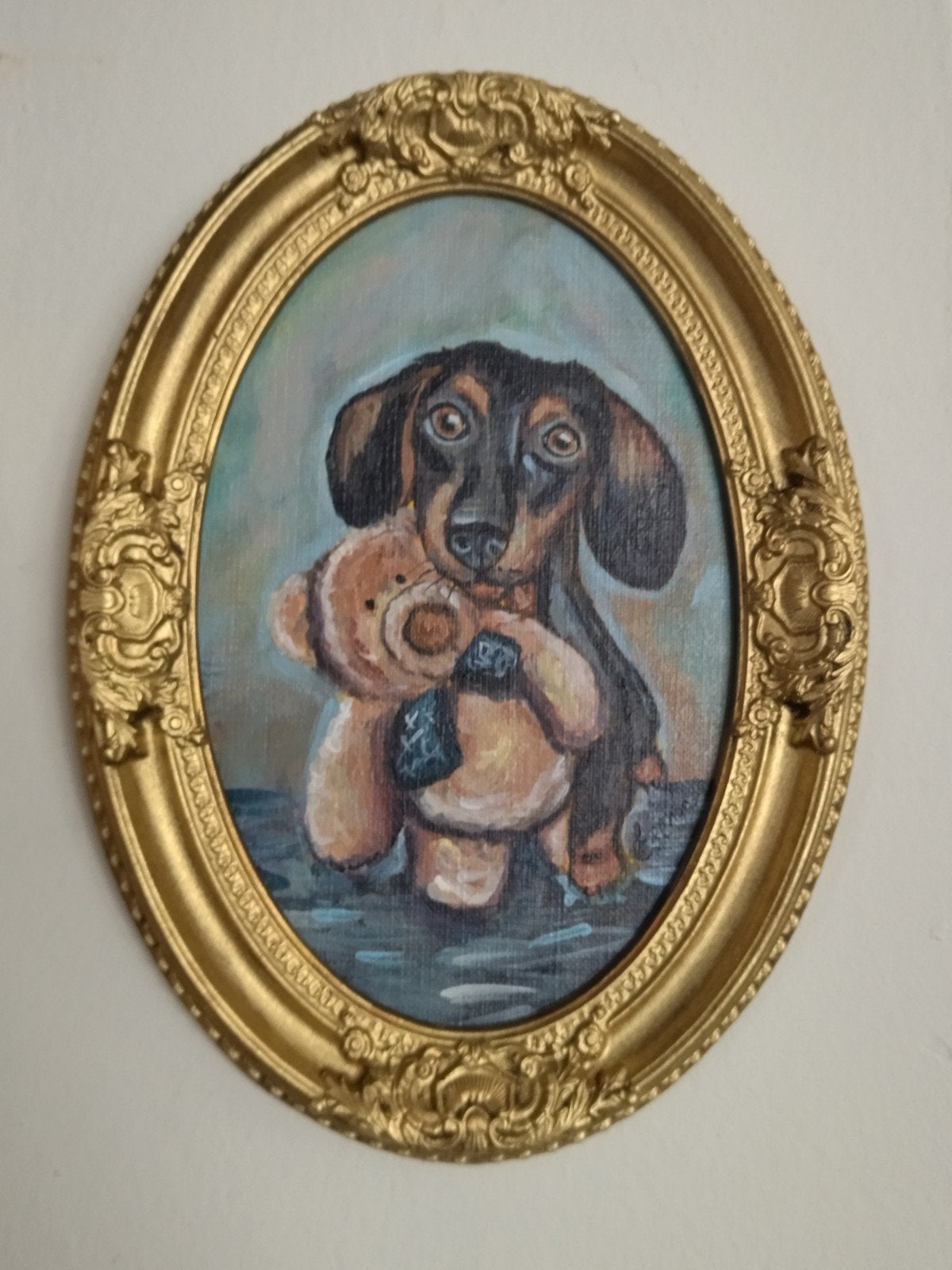 Peinture "le chiot avec sa peluche" cadre céramique froide, Antiquités & Art, Art | Peinture | Moderne, Peinture à l'huile, Enlèvement ou Envoi