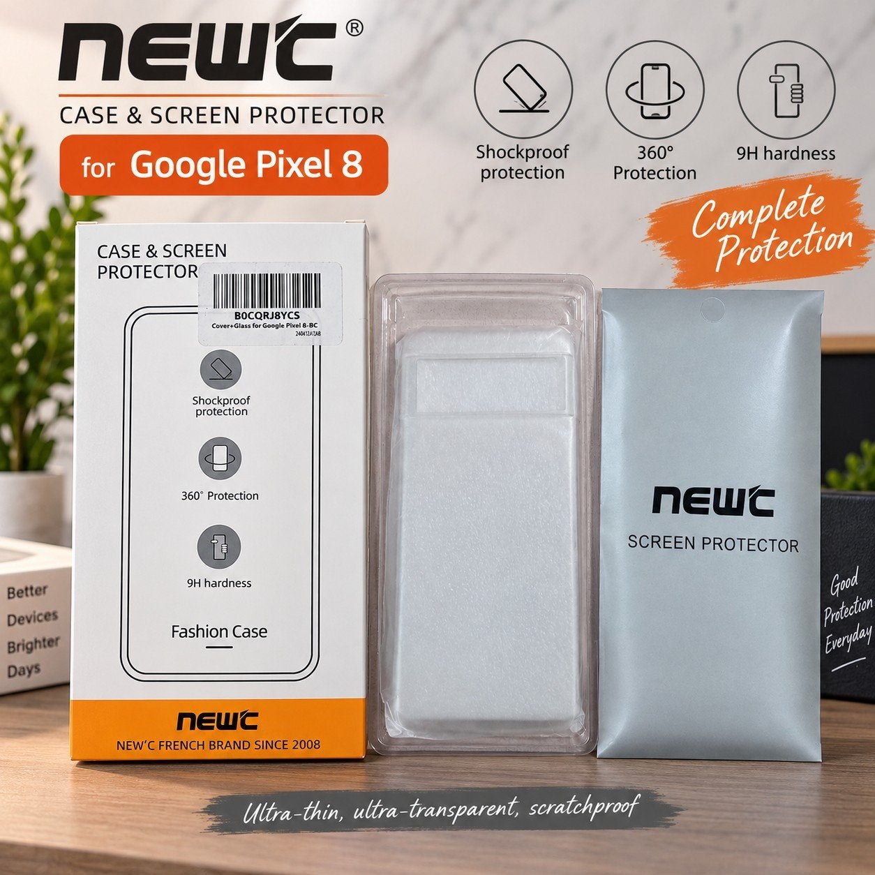 NEW’C Google Pixel 8 Case + 9H Glass Screen Protector, Ophalen of Verzenden, Null, Null, Null