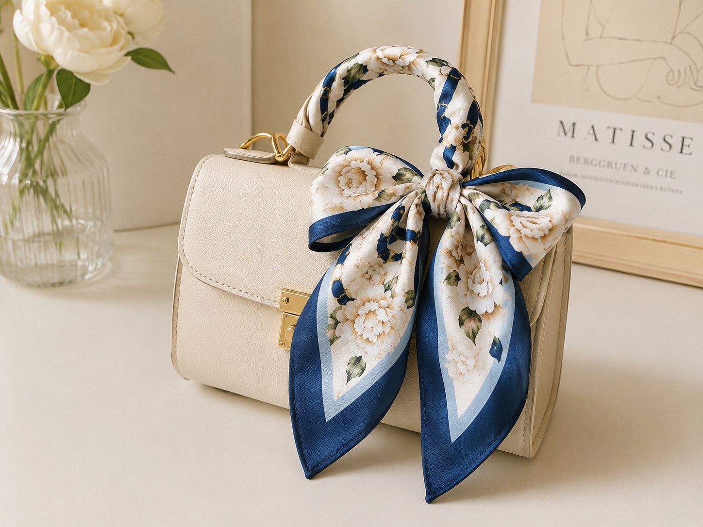 Foulard carré satiné motif floral, Envoi, Neuf, Bleu