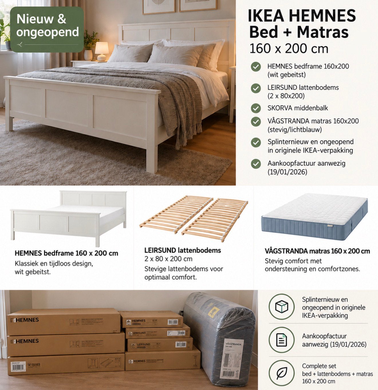 Splinternieuw IKEA HEMNES bed + VÅGSTRANDA matras 160x200, Huis en Inrichting, Ophalen, Wit, 200 cm, 160 cm