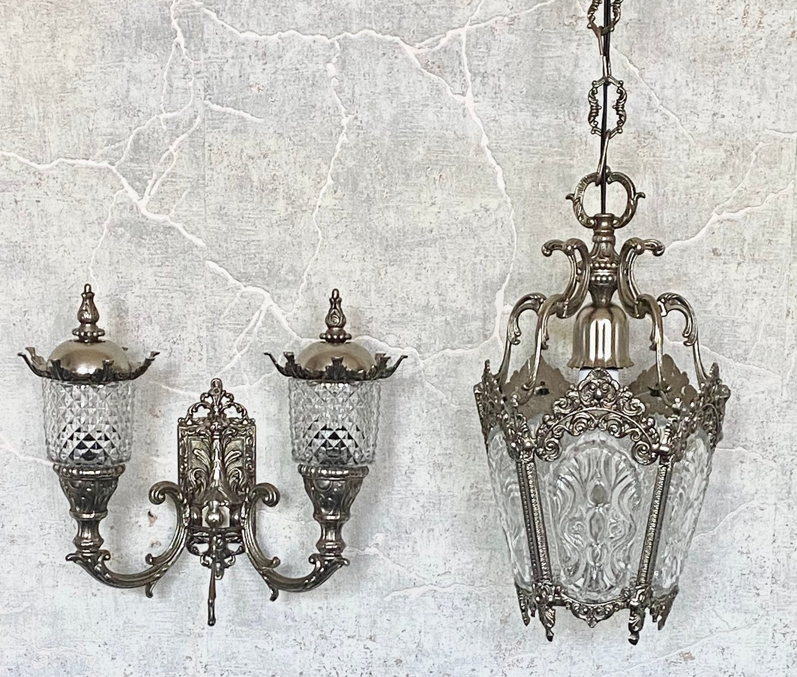 Lantaarnkroonluchter en dubbele wandlamp set, Ophalen of Verzenden, Gebruikt, Glas, Klassiek-Vintage