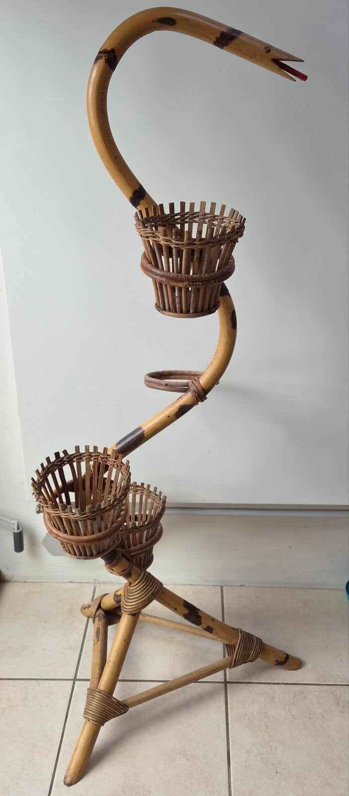 Vintage bamboe plantenstaander- slang, Ophalen, Gebruikt, Overige materialen, Vintage