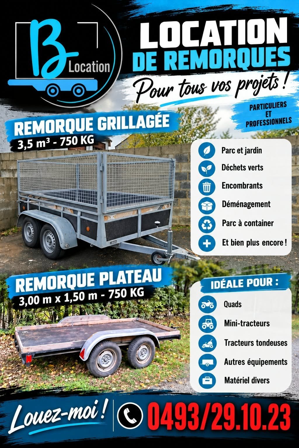 remorque plateau et grillagée à louer, Enlèvement ou Envoi, Utilisé