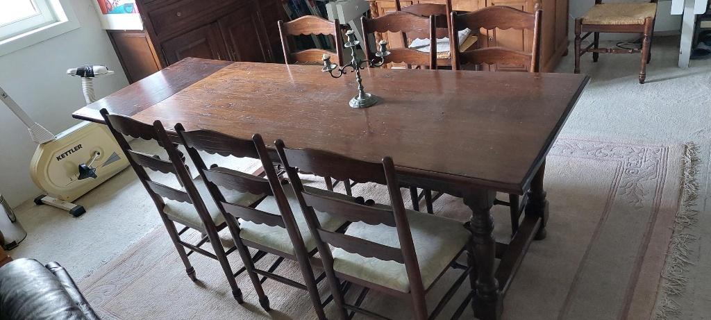 Massieve eiken eettafel met 6 stoelen, Huis en Inrichting, Ophalen, Gebruikt, Eikenhout, 200 cm of meer