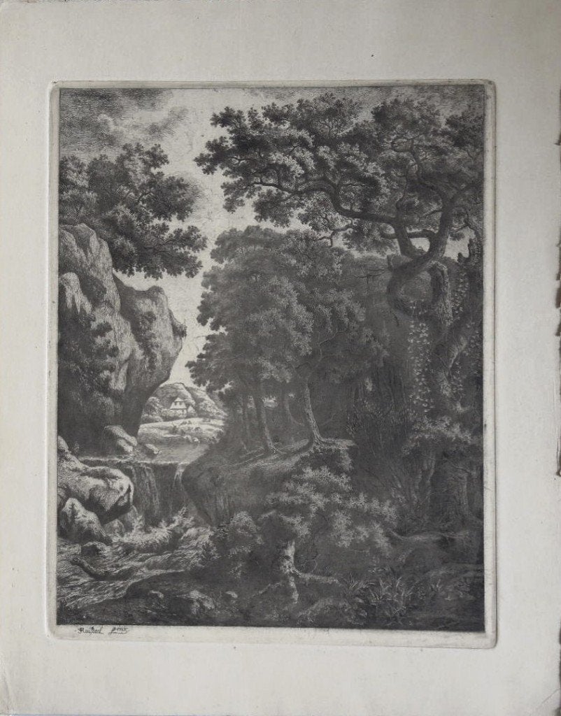 19e eeuw naar Ruysdael ets aquatint "Waterval in Bos", Eau-forte, 1800 - 1899, Paysage, Enlèvement