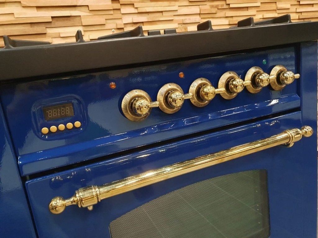 Luxe Boretti Fornuis 70cm konings blauw + messing 4 pits, Gaz, Classe énergétique A ou plus économe, 4 zones de cuisson, Comme neuf