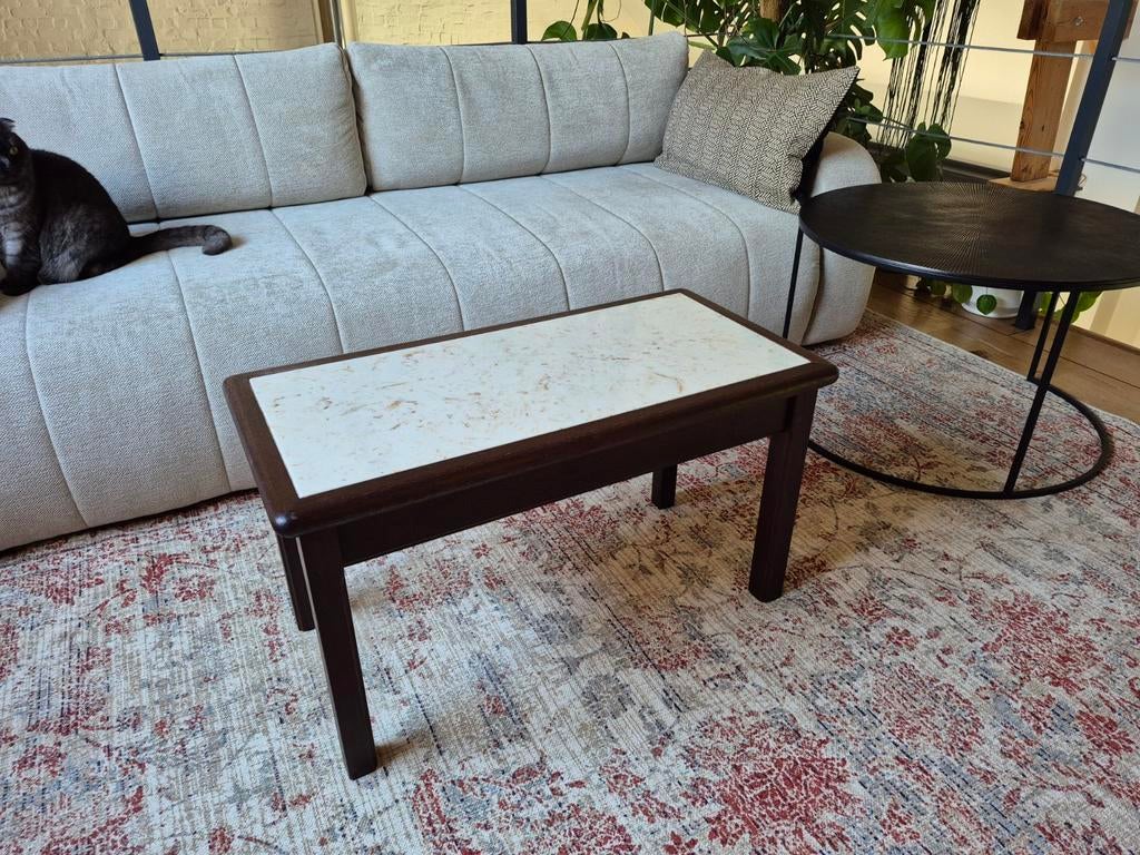 Prachtig vintage tafeltje met marmeren blad, Ophalen, Rechthoekig, Hout, 75 cm of meer