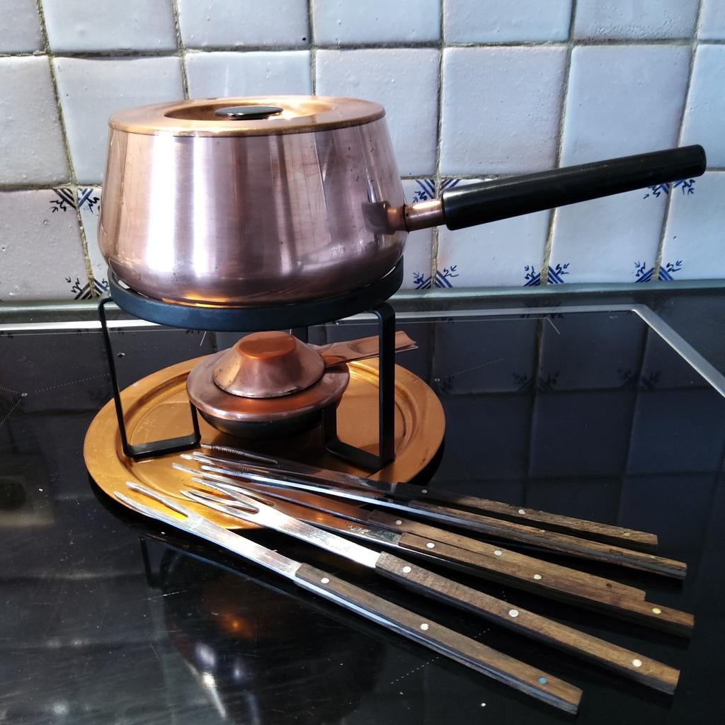Koperen fondueset met 6 vorken. Vintage jaren 60-70, Antiek en Kunst, Ophalen of Verzenden, Koper