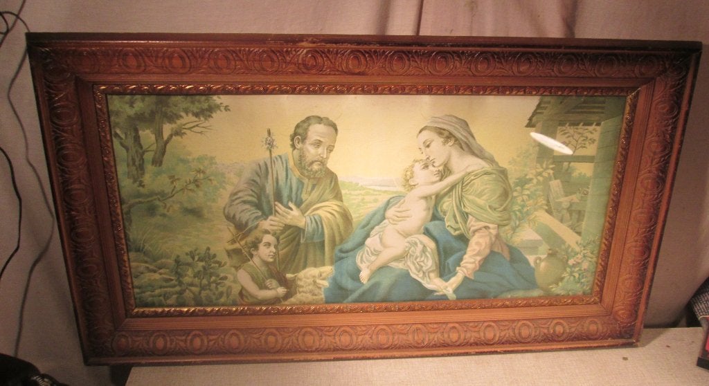 Belle gravure ancienne - La Sainte Famille - 91x51, Antiquités & Art, Antiquités | Objets religieux, Enlèvement ou Envoi