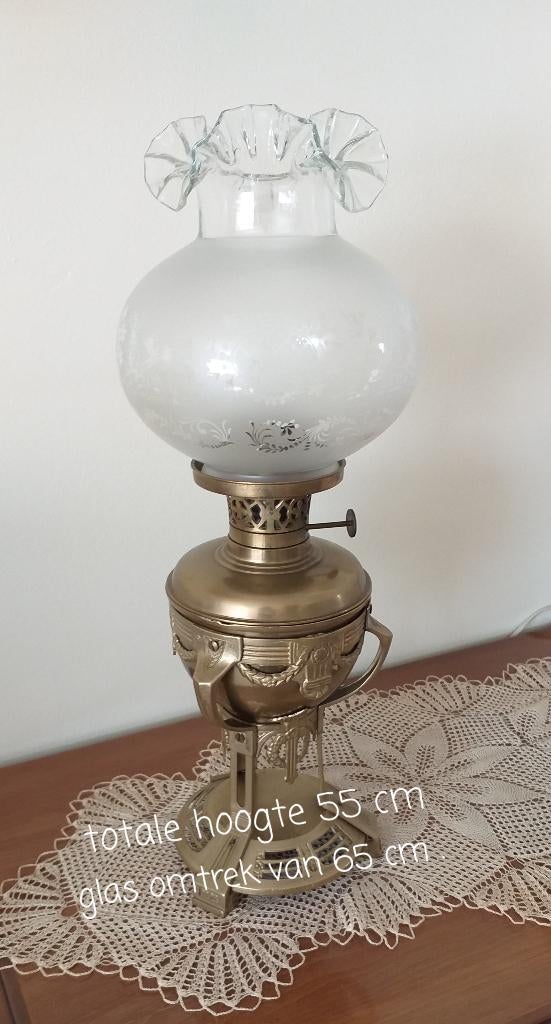 oude olie lamp in koper met geslepen glas, Ophalen, Koper