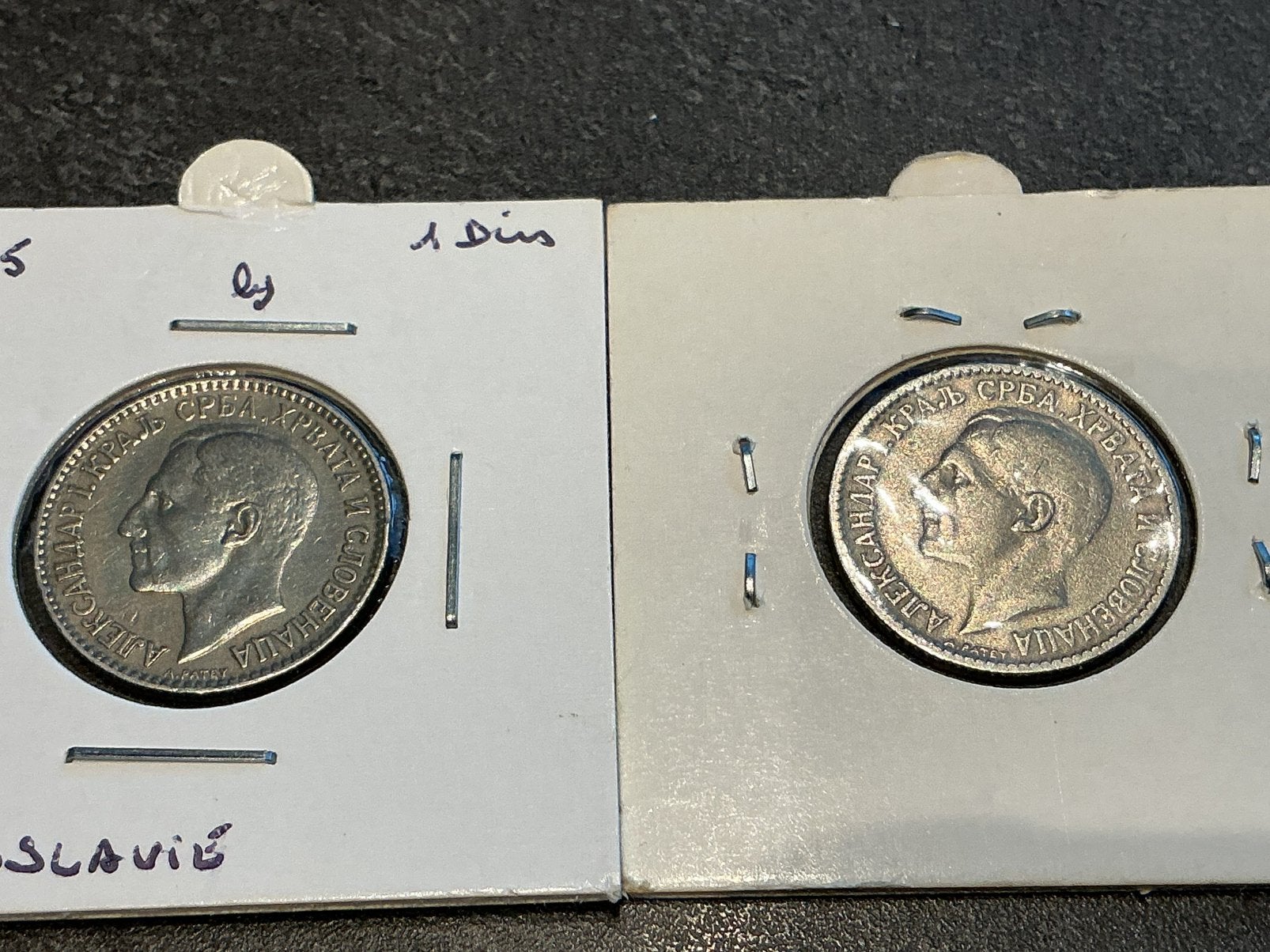 Yougoslavie lot 2 x 1 Dinar 1925 avec et sans d'atelier, Enlèvement ou Envoi