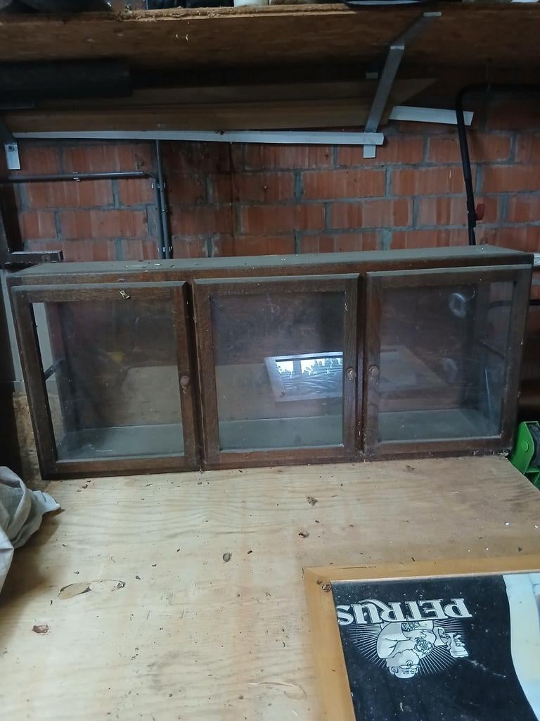 Authentiek vintage houten apothekerskastje met glazen deuren, Antiek en Kunst, Antiek | Meubels | Kasten, Ophalen of Verzenden