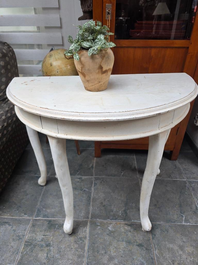 Charmante vintage sidetable – halfrond – shabby chic – wit, Ophalen, Gebruikt, 50 tot 100 cm, Overige vormen
