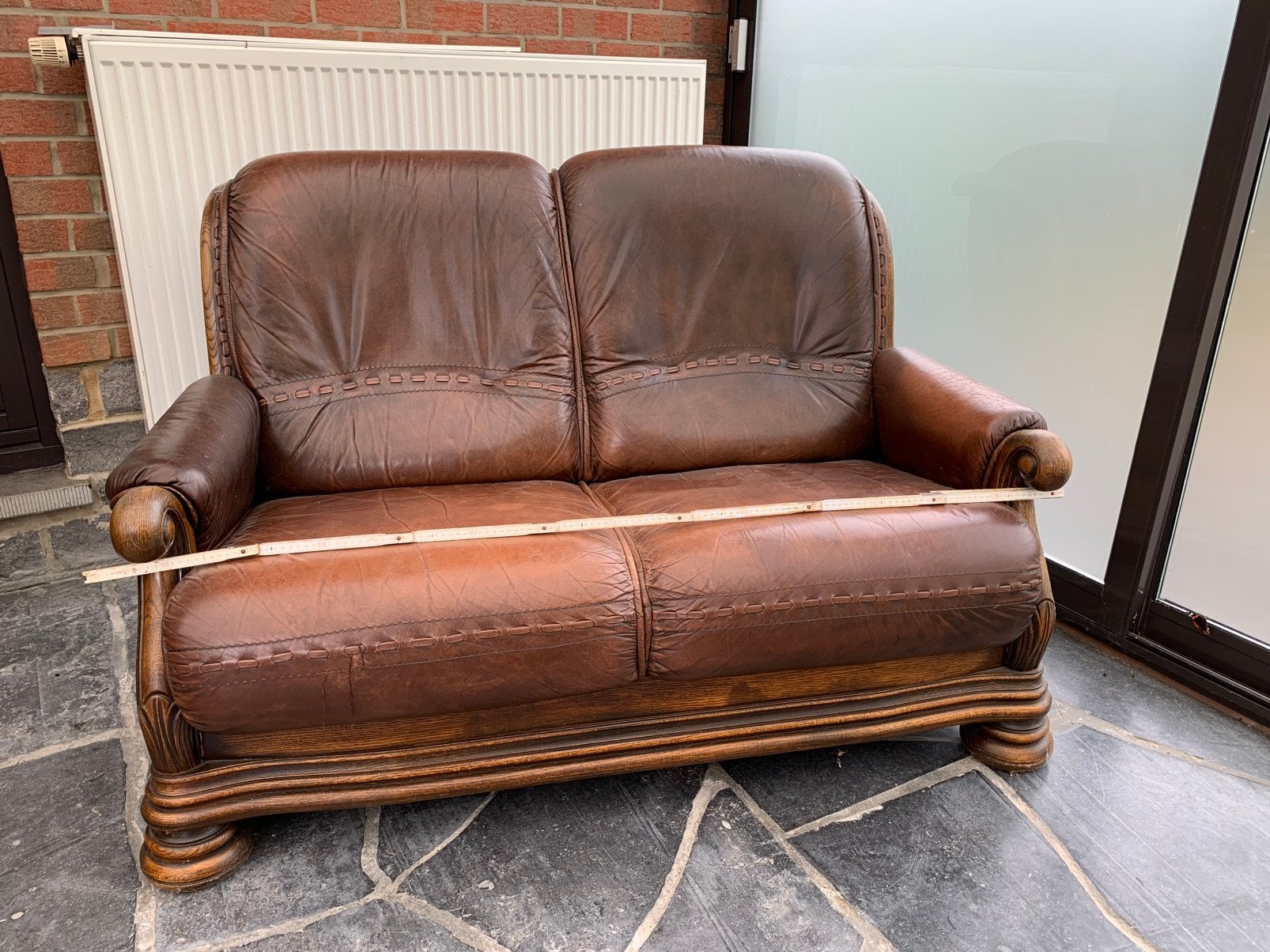 Fauteuil en cuir et chêne - 2 places, Banc droit, Enlèvement, Utilisé, Cuir