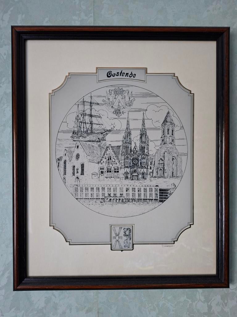 Pentekening stad Oostende door G. Swaenepoel, Antiquités & Art, Enlèvement, Signé