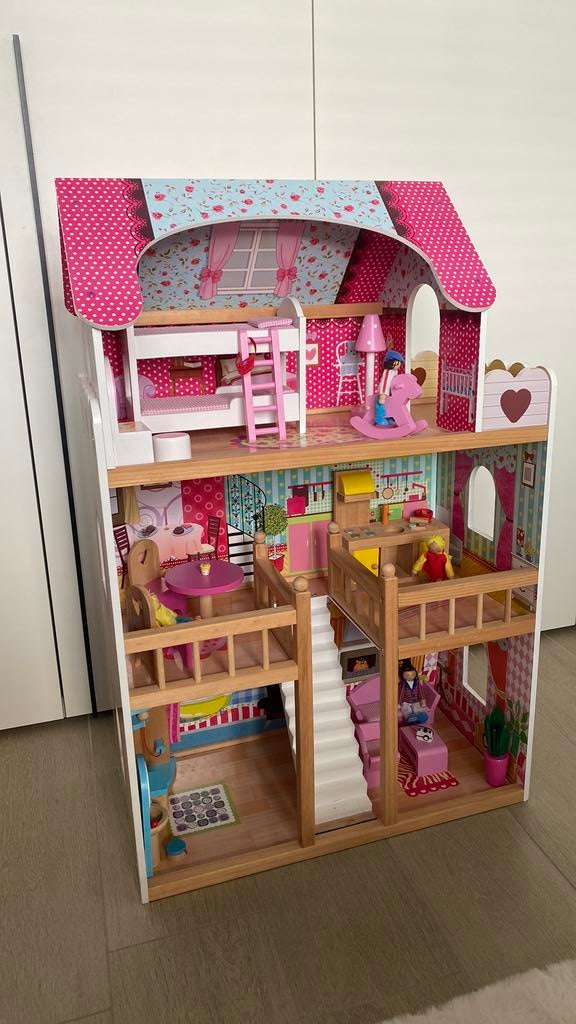 Houten poppenhuis met meubels, Kinderen en Baby's, Speelgoed | Poppenhuizen, Ophalen, Zo goed als nieuw, Poppenhuis