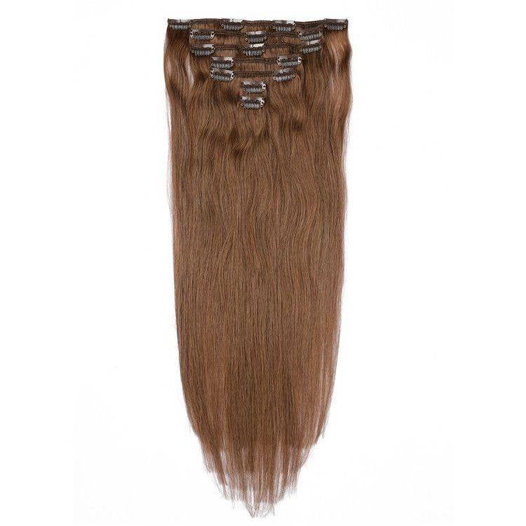 100% REMY HUMAN HAIR - bruin - CLIP INS - SILKY STRAIGHT, Verzenden, Nieuw, Pruik of Haarverlenging