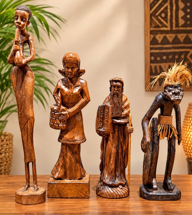 Prachtige lot van 4 handgesneden houten beelden, Ophalen, Beeld, Vrouw