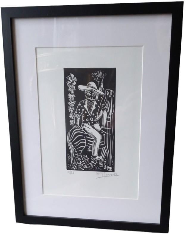 Willy Lecomte houtsnede "zelfportret te paard"., Antiquités & Art, Art | Eaux-fortes & Gravures, Gravure sur bois, Signé, Enlèvement ou Envoi