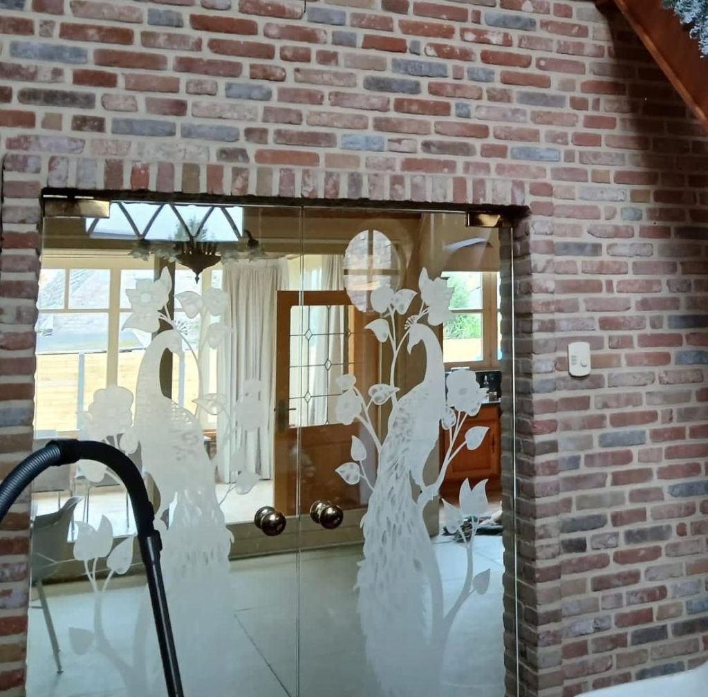 Dubbele glazen deur geëtst glas, Ophalen, Gebruikt, Overige typen, 160 cm of meer
