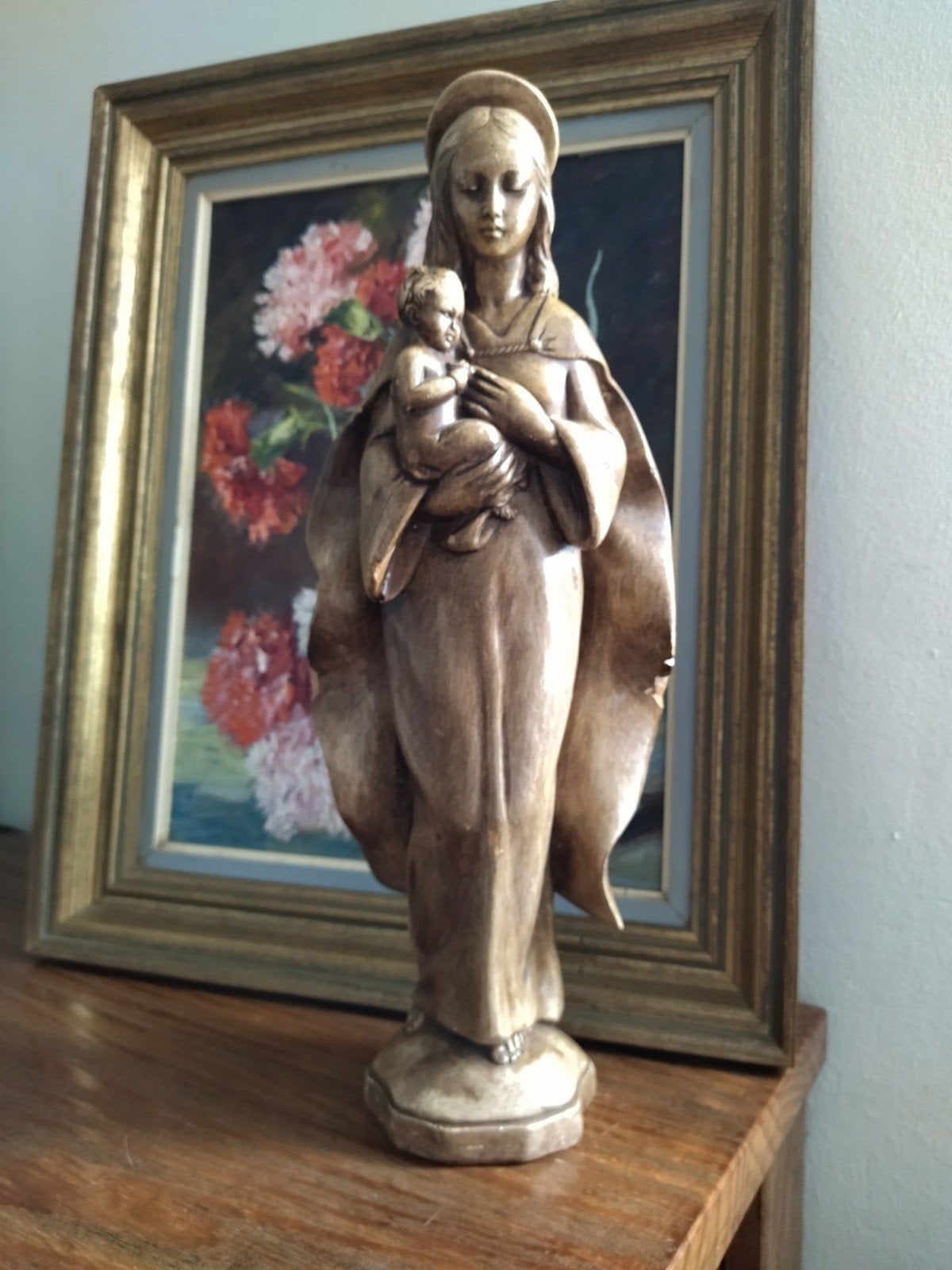 Statue Vierge à l'Enfant plâtre  42cm - Art Déco tardif, Antiquités & Art, Antiquités | Objets religieux, Enlèvement ou Envoi