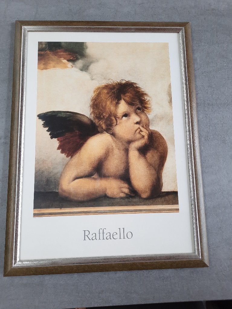 Peinzende engeltjes van Raffaello Sanzio. Kleurenprint., Antiquités & Art, Sous verre, Portrait ou Personnes, Enlèvement, Impression