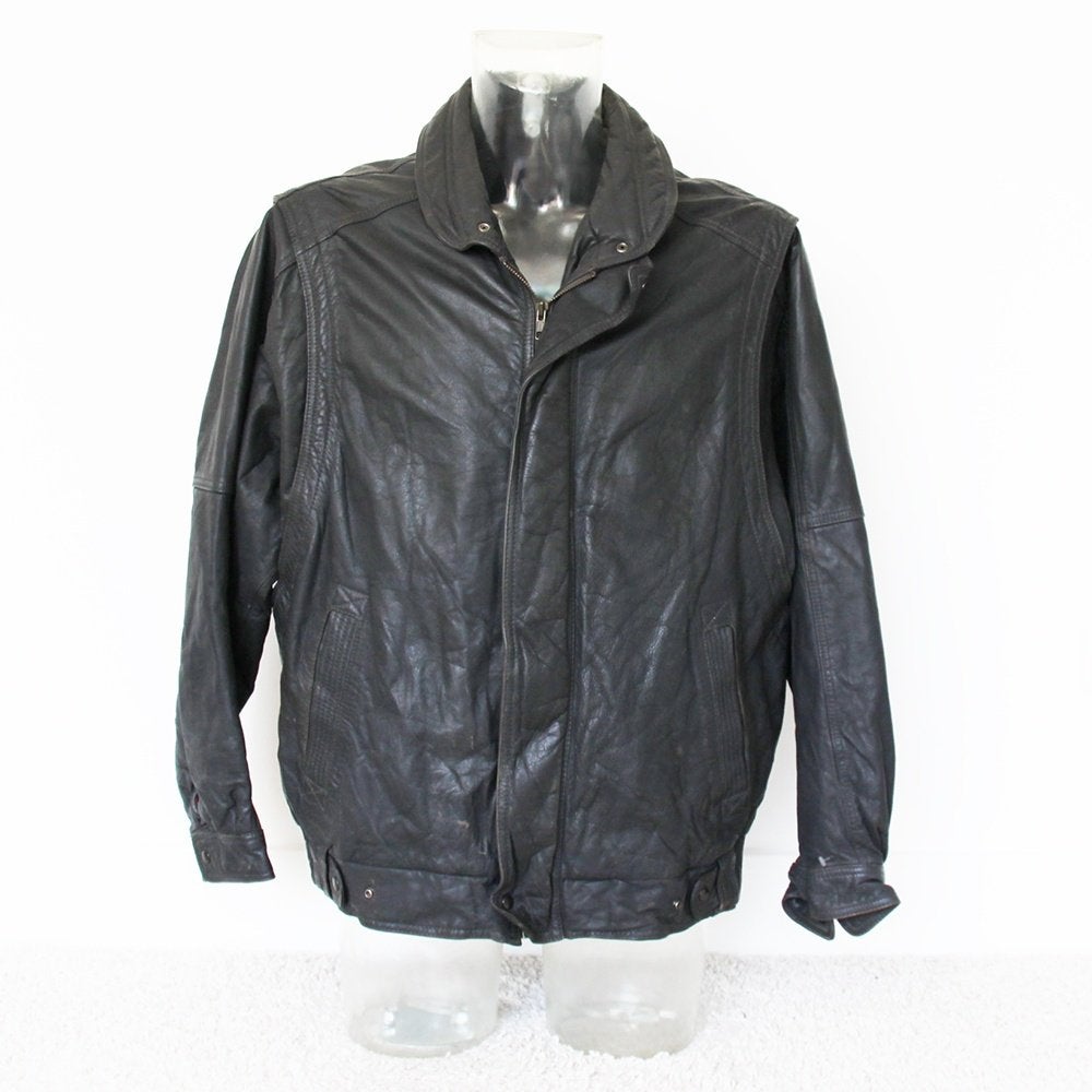 Veste chaude en cuir lisse pour hommes 182 (taille 54) €95,-, Vintage, Noir, Envoi, Taille 52/54 (L)
