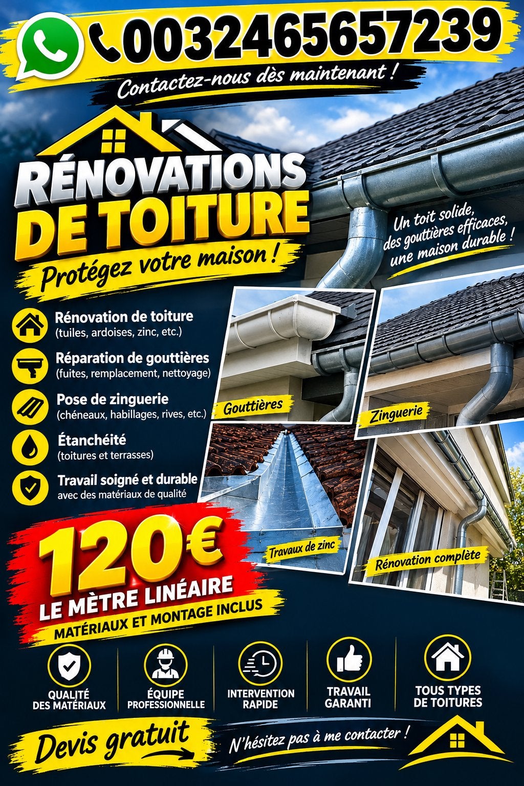 Réparations d'urgence de gouttières en zinc, toitures plate