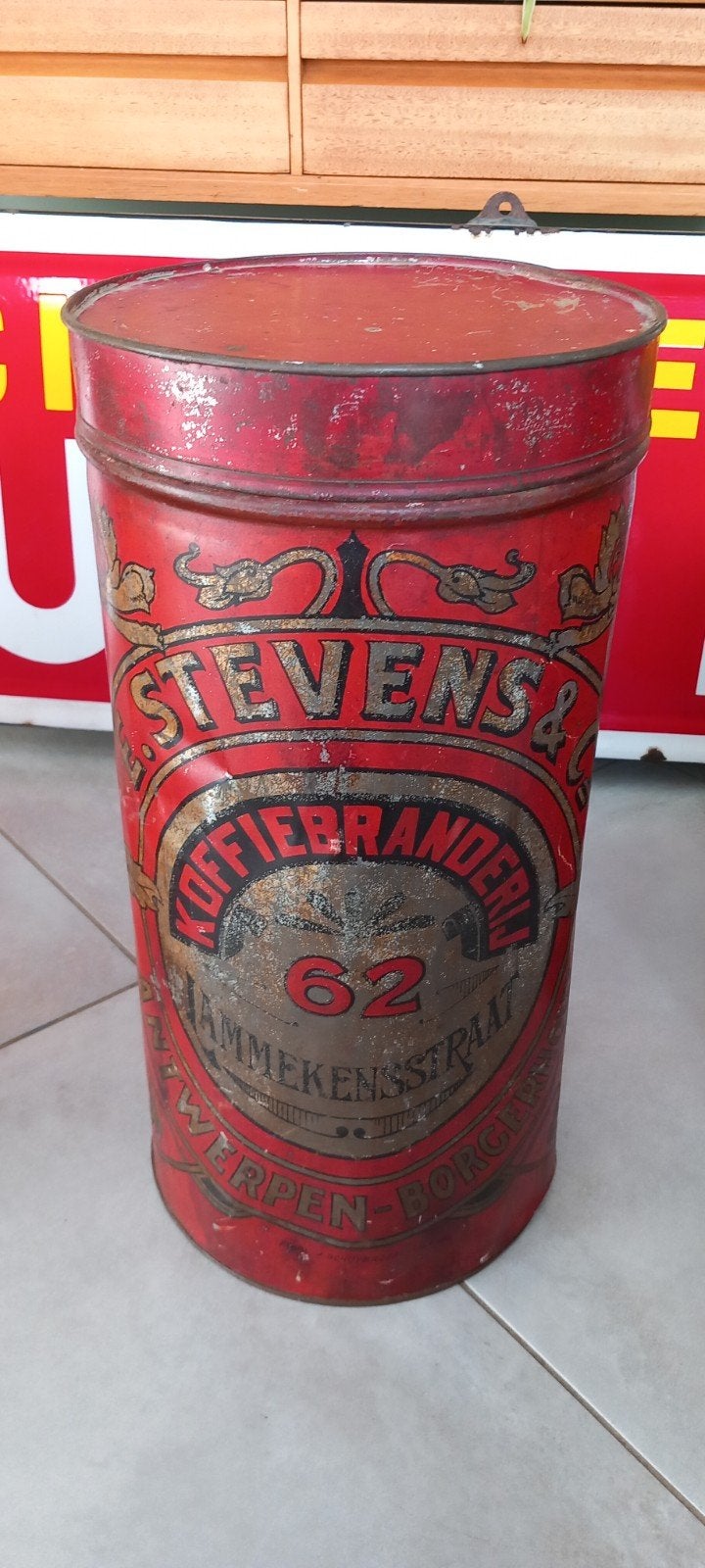 Ancienne boîte à café métallique E. Stevens & C Antwerpen, Collections, Enlèvement ou Envoi, Utilisé, Café, Autres marques