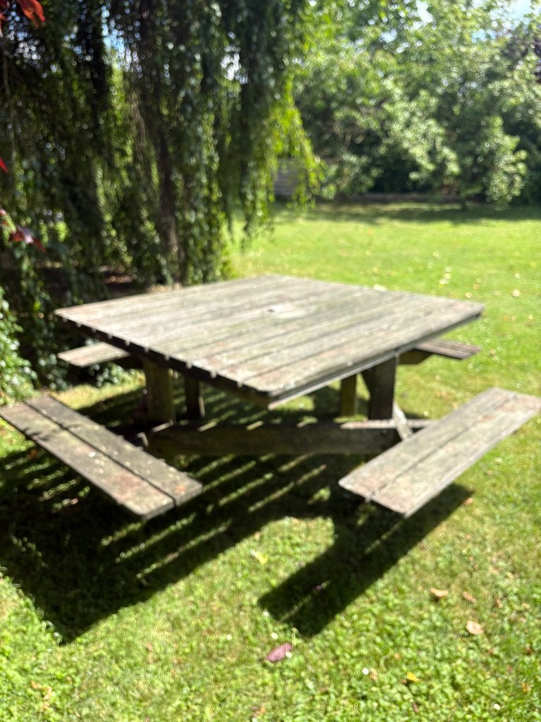Tuintafel en banken (1 geheel), Jardin & Terrasse, Enlèvement, Utilisé, Carré, Bois