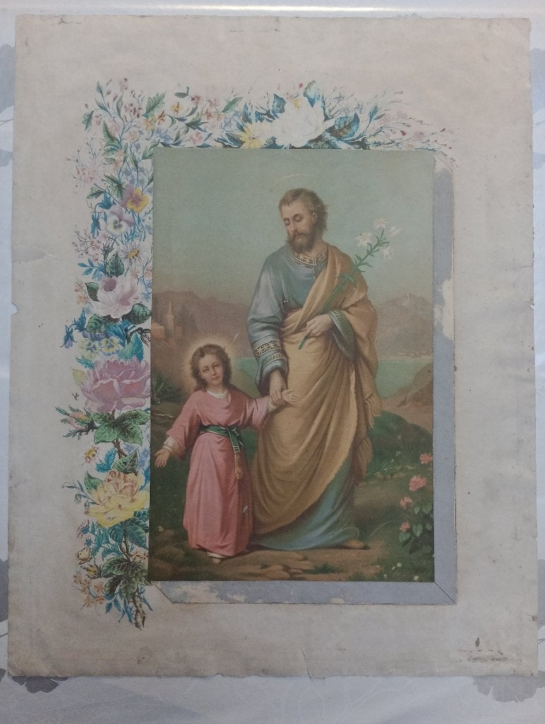 Chromolithographie Guirlande dessin rehaussé,50x63,B63, Enlèvement ou Envoi, Utilisé, Autres types, Christianisme | Catholique
