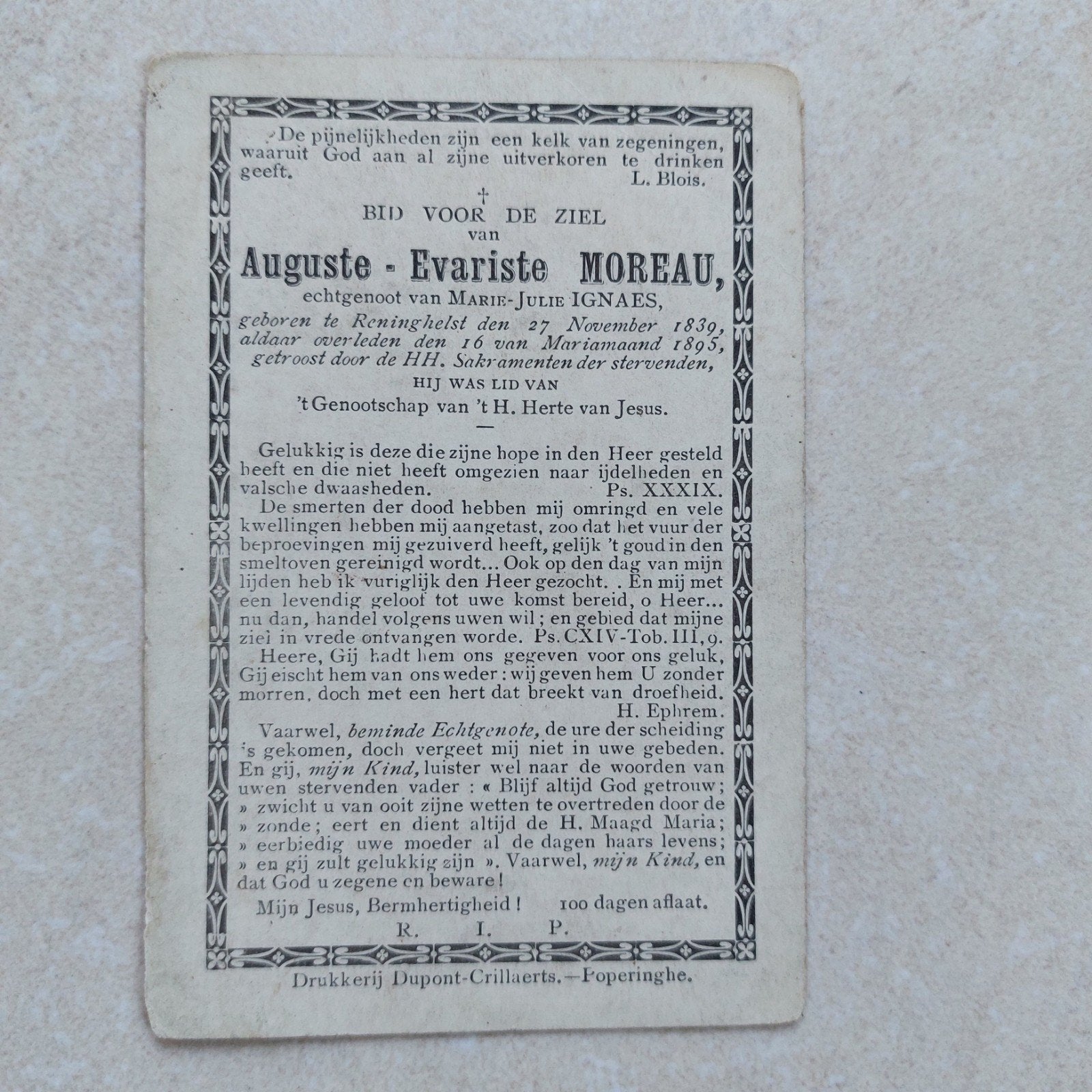 Oud bidprentje  Reningelst 1895, Enlèvement ou Envoi, Image pieuse