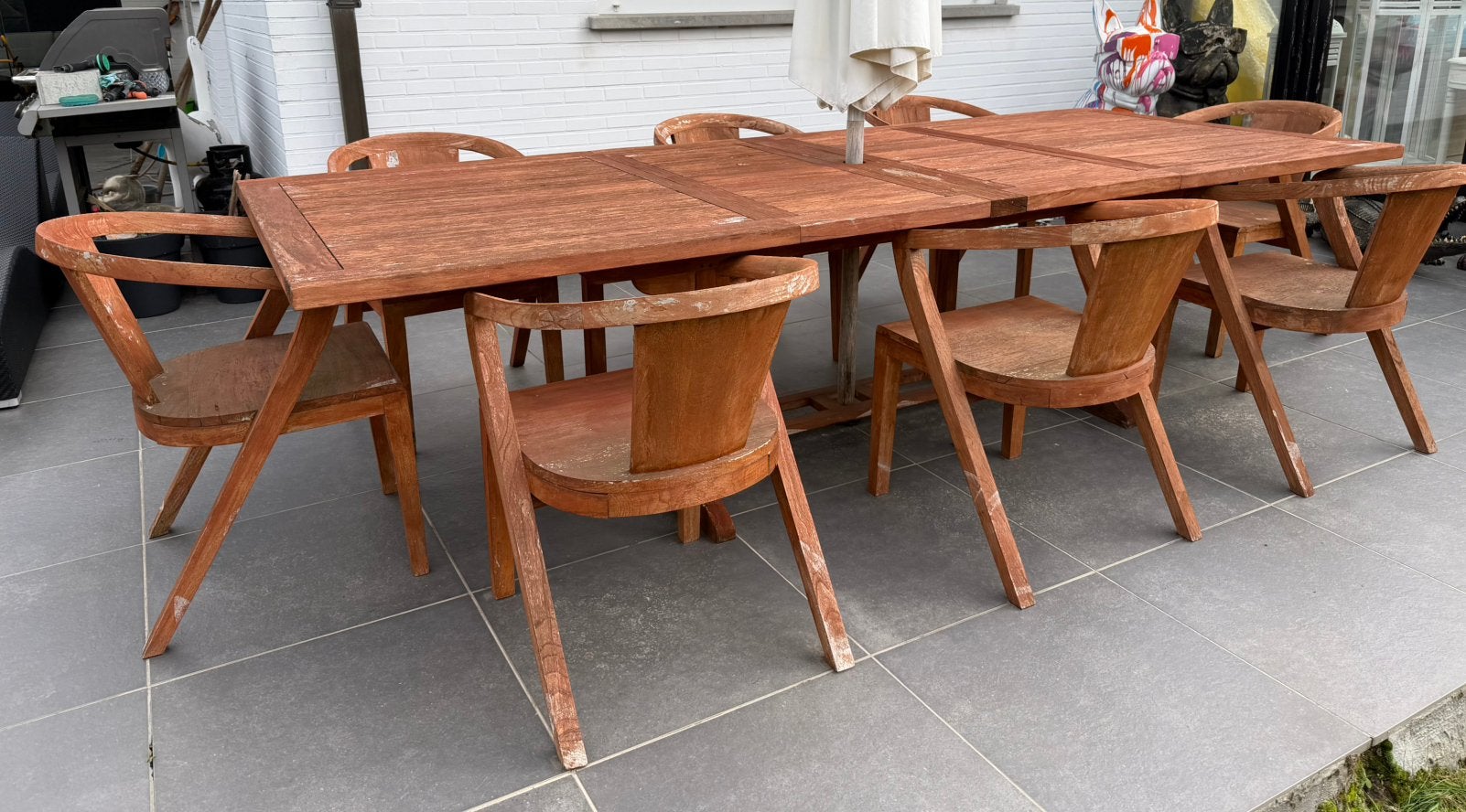 Table en teck avec 8 chaises, Jardin & Terrasse, Table à dinner, Salons de jardin, Comme neuf, Enlèvement