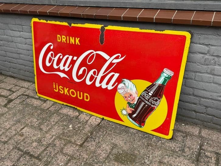 Vintage Coca-Cola Emaille Reclamebord - IJskoud, Antiek en Kunst, Antiek | Email